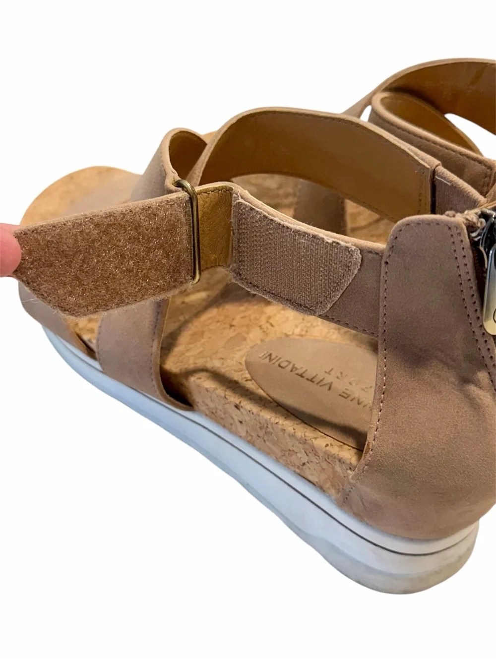 Adrienne Vittadini Taupe Crisscross Cork Wedge Sandals - Size: 7